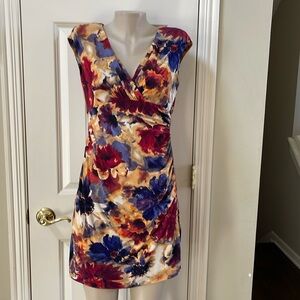 Ralph Lauren Colorful print  faux wrap ruched side dress, 10 petite